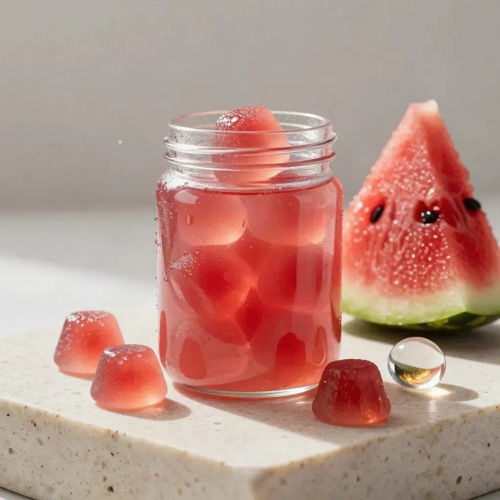 Watermelon gummies jar with condensation, a watermelon wedge, and glass pebble on travertine.