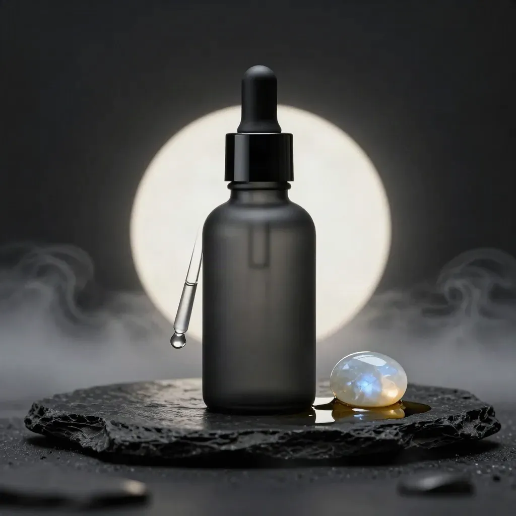 Unlabelled CBD sleep drops bottle with dropper, moonstone pieces, and a glowing droplet in dark studio.