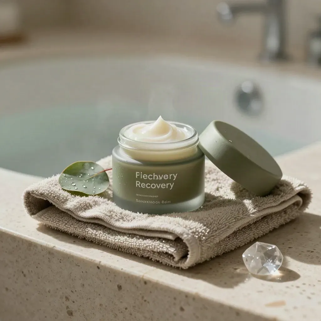 Cooling balm jar on travertine with towel, eucalyptus leaf, quartz and soft steam.