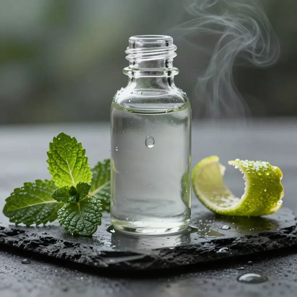 Macro of a mint tincture bottle with mint sprigs, lime peel, wet slate and a water bead