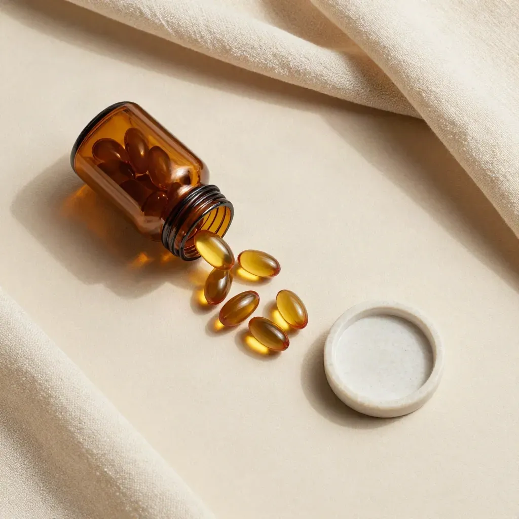 Overhead flat lay of an unlabelled softgel bottle, capsules, stone dish and cream linen.