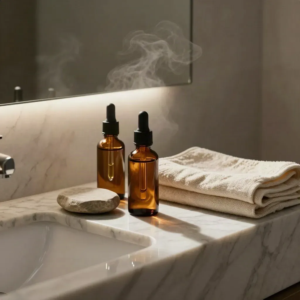 Amber CBD tincture bottles on a marble vanity with steam and soft daylight.