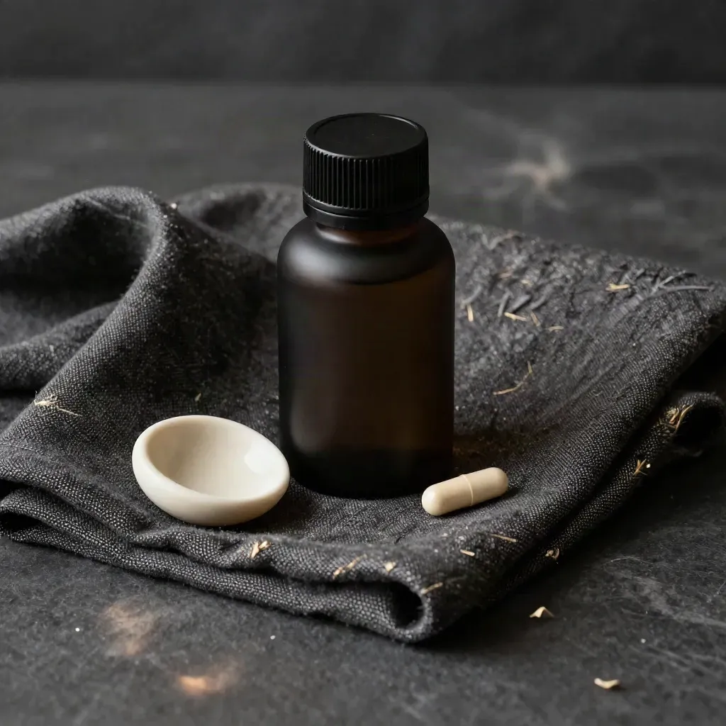 Macro of an unlabelled capsule bottle in dark linen with a moon dish and capsules