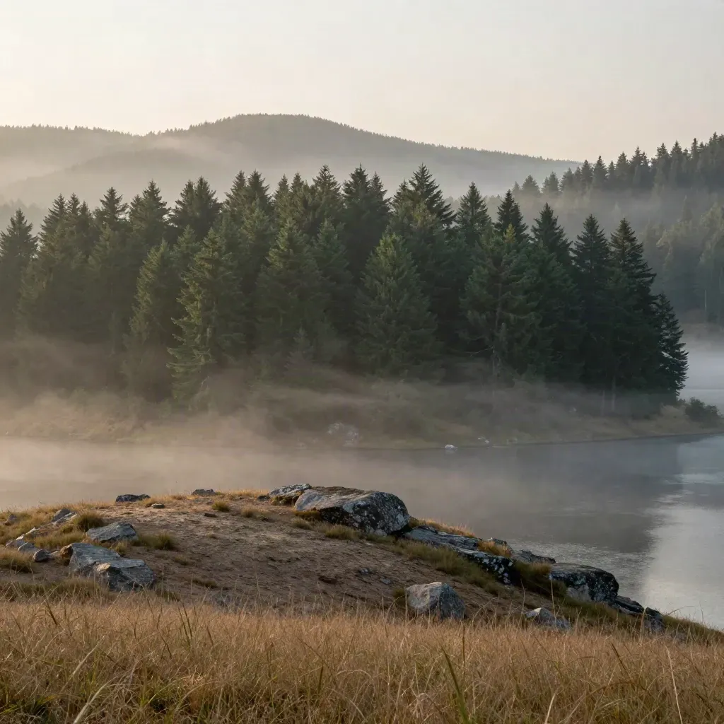 Misty cedar hills above a still lake with calm open water and pale horizon.