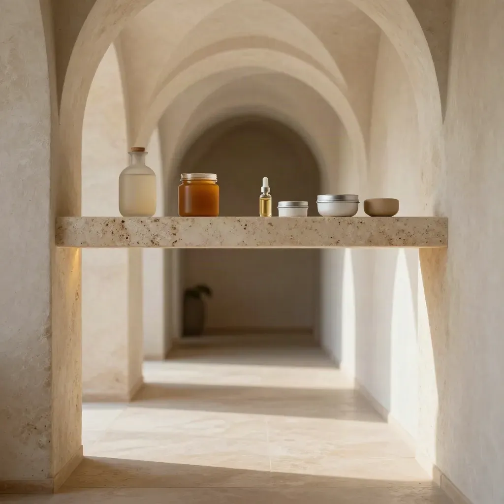 Stone-arched spa corridor with CBD tincture, gummies, capsules, and soft daylight.