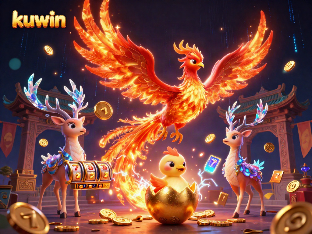 Kuwin promotes exhilarating slot gameplay featuring a fire phoenix character, golden egg, and mystical stag amidst vibrant casino elements.