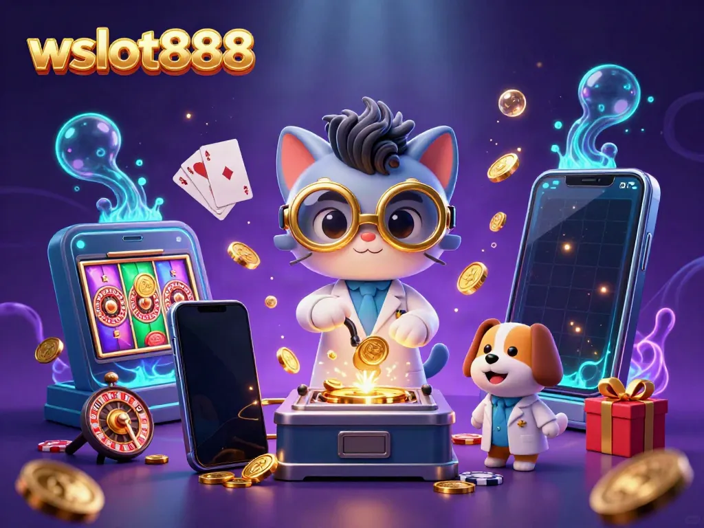 Visualisasi dinamis wslot888 dengan karakter ilmuwan kucing dan anjing asisten di dunia kasino.