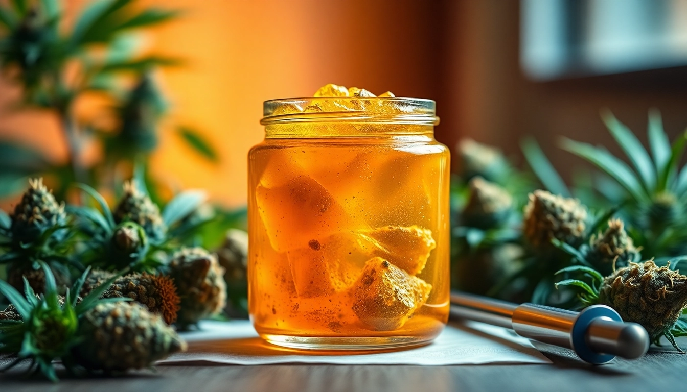 Showcase of west coast cure rosin in a glass jar, surrounded by cannabis buds for a vibrant presentation.