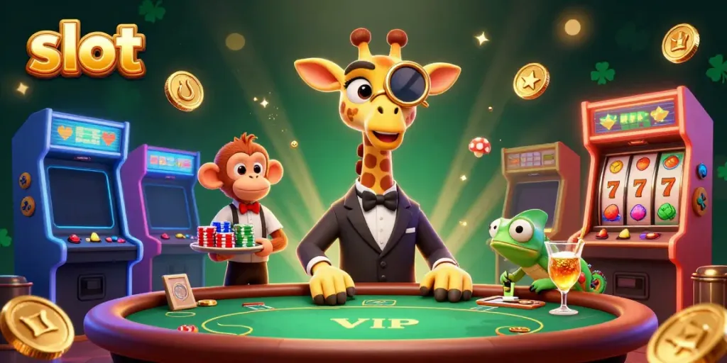 Jerapah dengan pakaian jas mewah di meja VIP, mengelilingi simbol slot dan pemandangan kasino lainnya