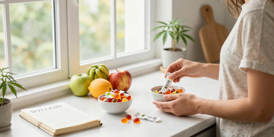 Edibles for sale in a wellness kitchen with CBD-infused gummies and fresh ingredients promoting natural health.