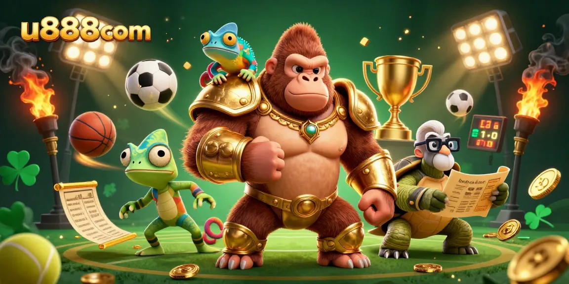 Engage with thrilling sports betting at u888com, featuring a gorilla king and chameleon companion in a vibrant casino scene.