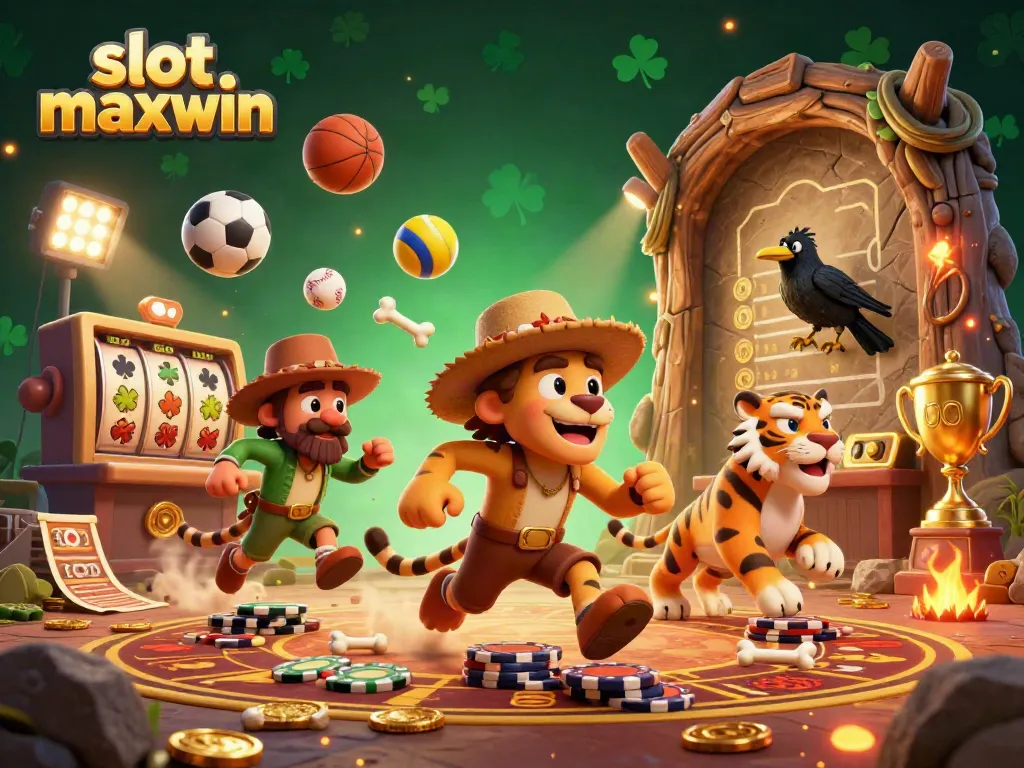 Experience the thrills of slot maxwin with a dynamic 3D casino scene featuring exciting characters and energetic gaming elements.