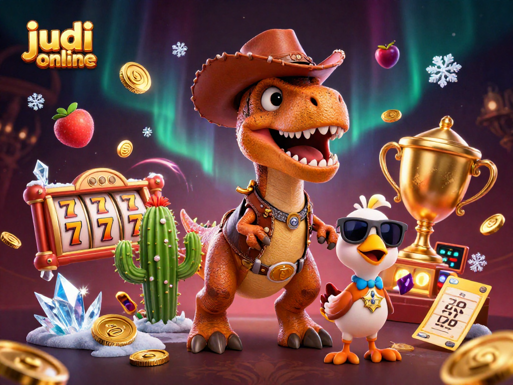 Win big with judi online as a T-Rex cowboy spins the jackpot reels in an exciting casino scene.