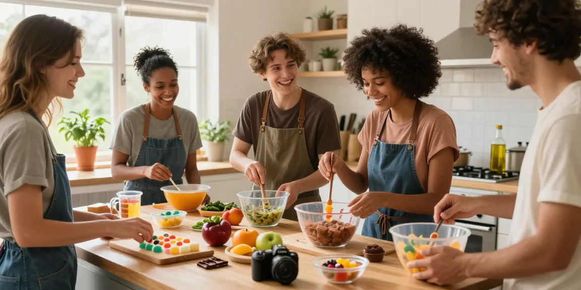 Friends making cannabis-infused edibles UK with colorful ingredients in a bright kitchen.