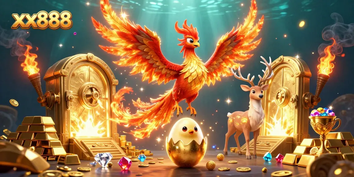 Experience excitement with xx888 featuring a vibrant phoenix and treasures in a dazzling casino scene.