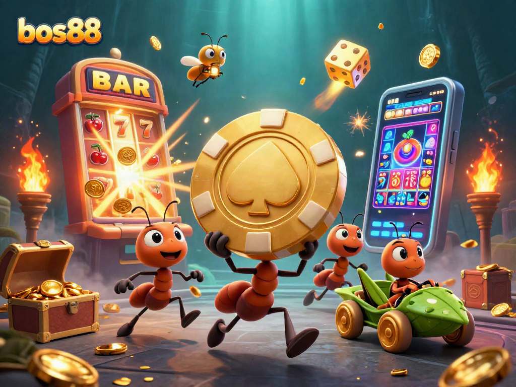Vibrasi bos88 saat pecah jackpot dengan semut mencuri chip emas besar dan mesin slot.