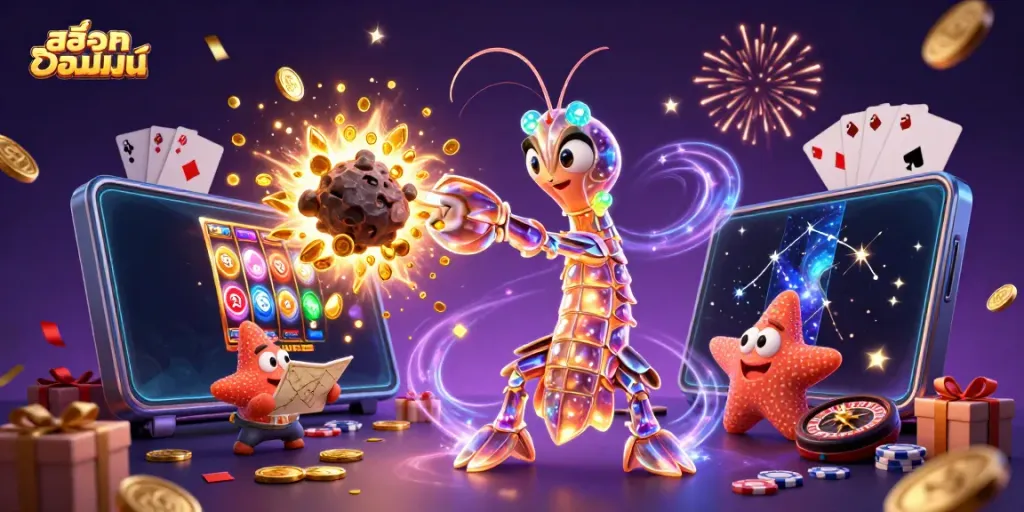 Experience thrilling สล็อตออนไลน์ gameplay as a galactic samurai mantis shrimp battles through asteroid gems