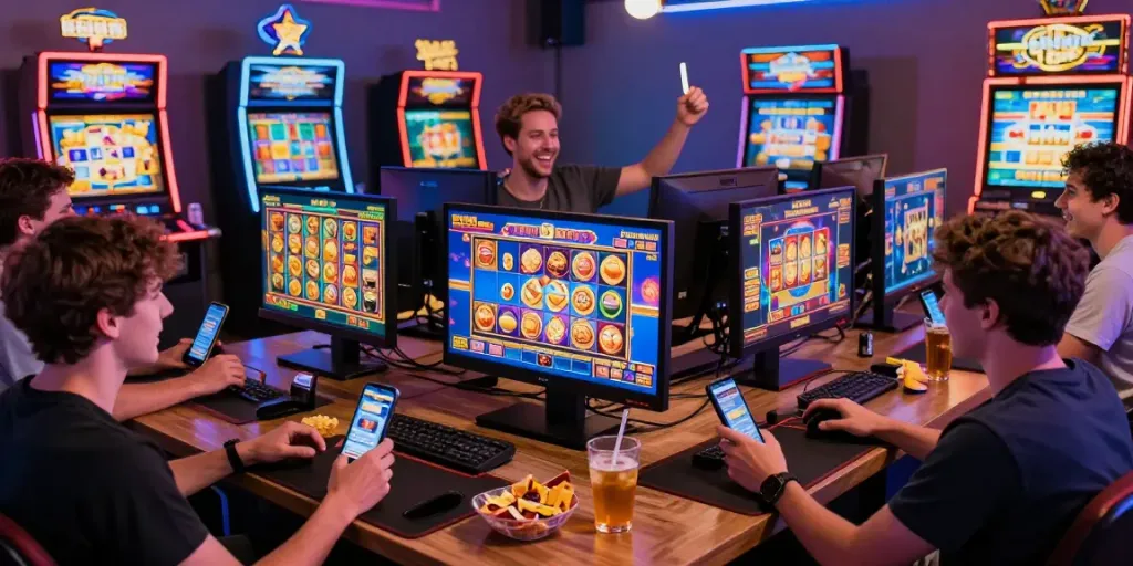 Aktivitas bermain link slot gacor dengan pemain ceria dan suasana pesta virtual.