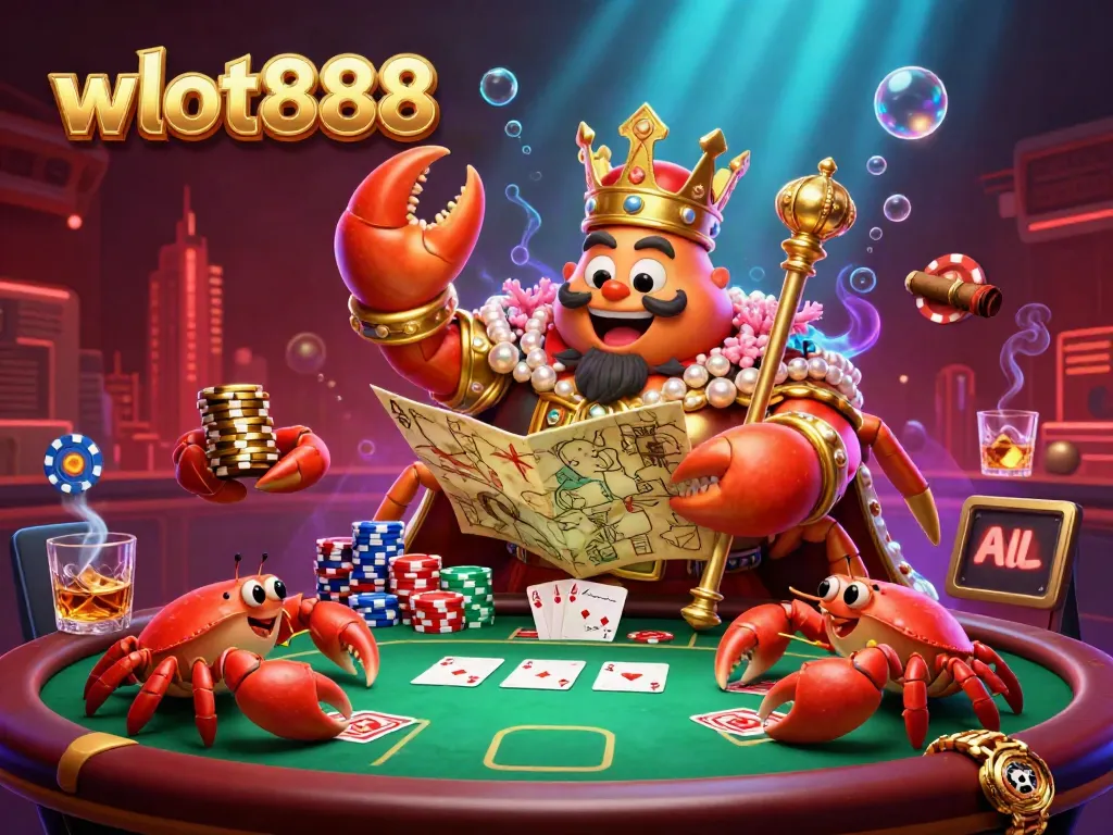 Menangkan hadiah dengan slot888 dalam ilustrasi kasino yang mempesona, menampilkan kepiting emas dan kerumunan kerang cintra.