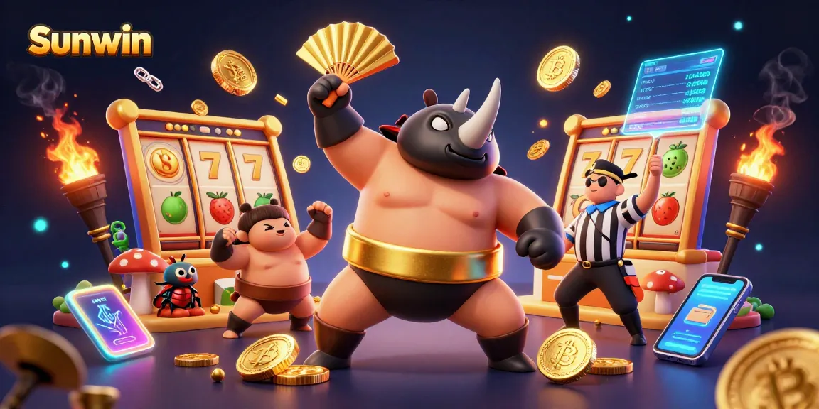 Sunwin casino illustration featuring a dynamic beetle champion and vibrant slot symbols.