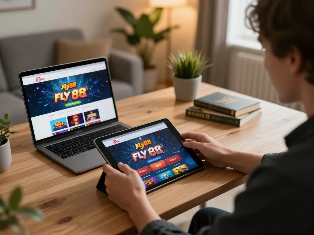 Engaging with fly88 online casino on a tablet while seated at a modern desk.