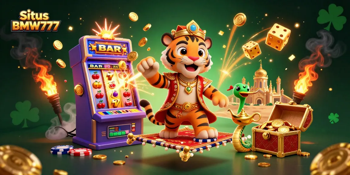 Situs BMW777 showcases an animated casino scene with a Ramadan-themed sultan and golden treasures.