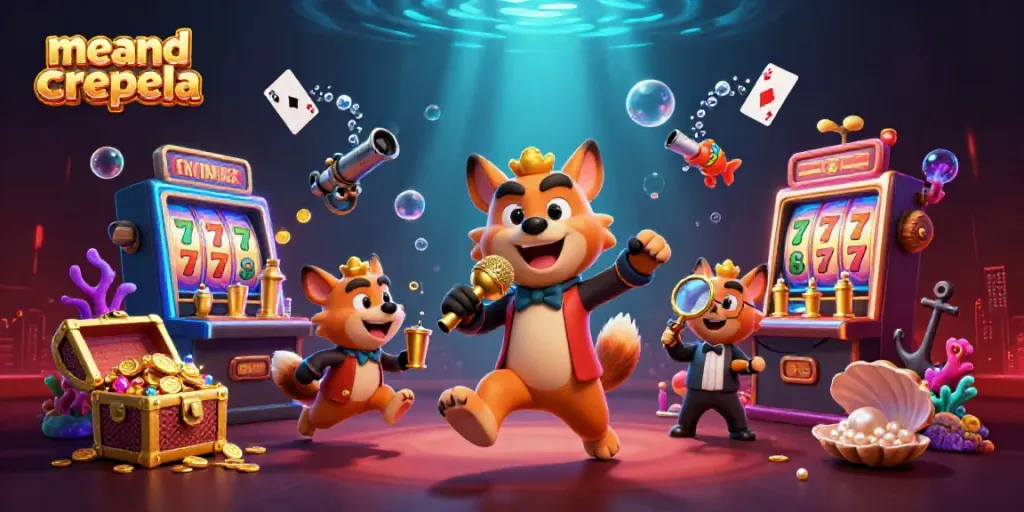 Gambarkan kehebohan meandcrepela di kasino dengan permainan slot menggoda dan karakter lucu.