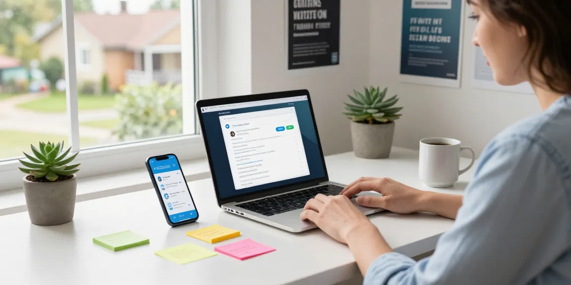 Engaging Telegram Download setup with a user interacting on a laptop in a bright home office.