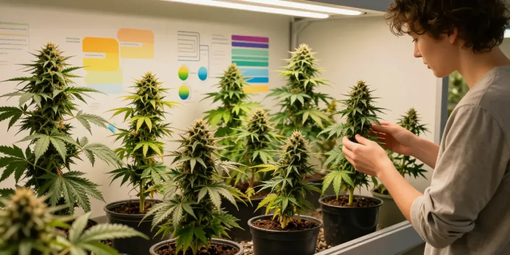 Indoor scene of a grower inspecting vibrant autoflower cannabis plants, showcasing fast growing cannabis seeds.