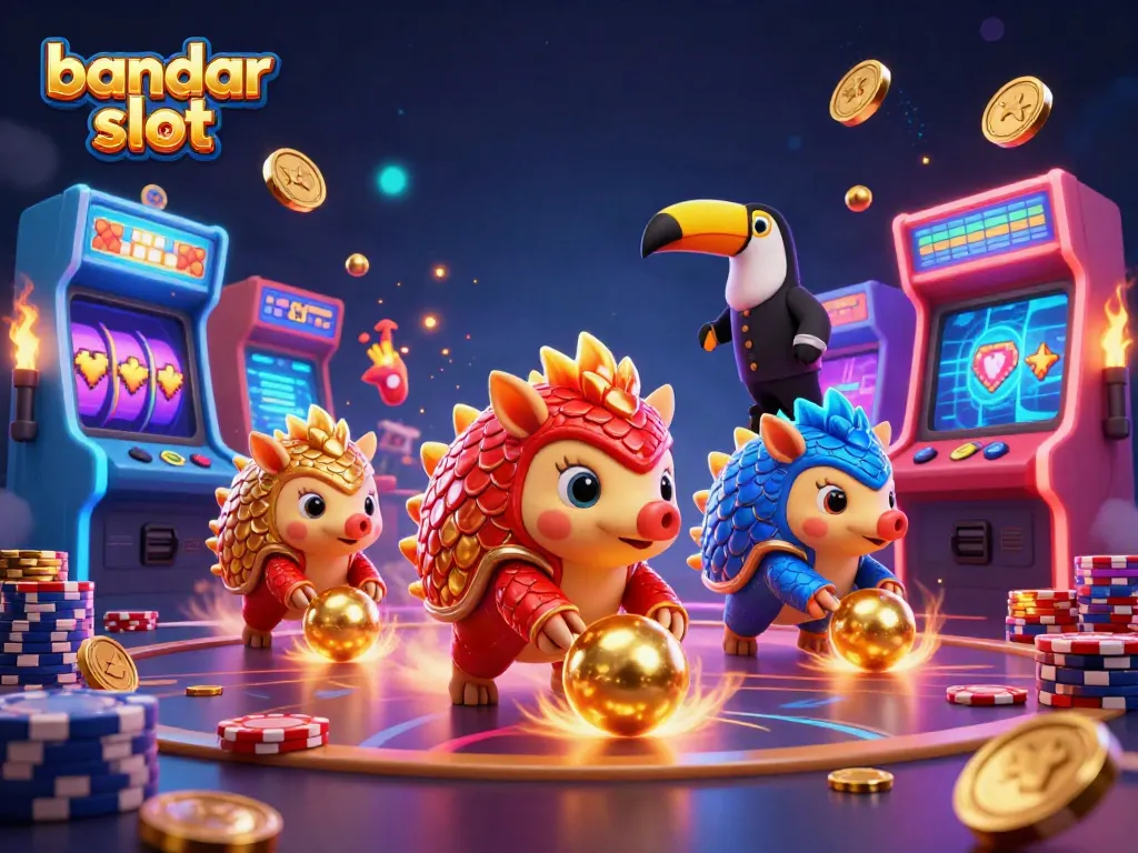 Pemain merayakan kemenangan di bandar slot dengan pangolins bersaing dan elemen slot yang berkilau.