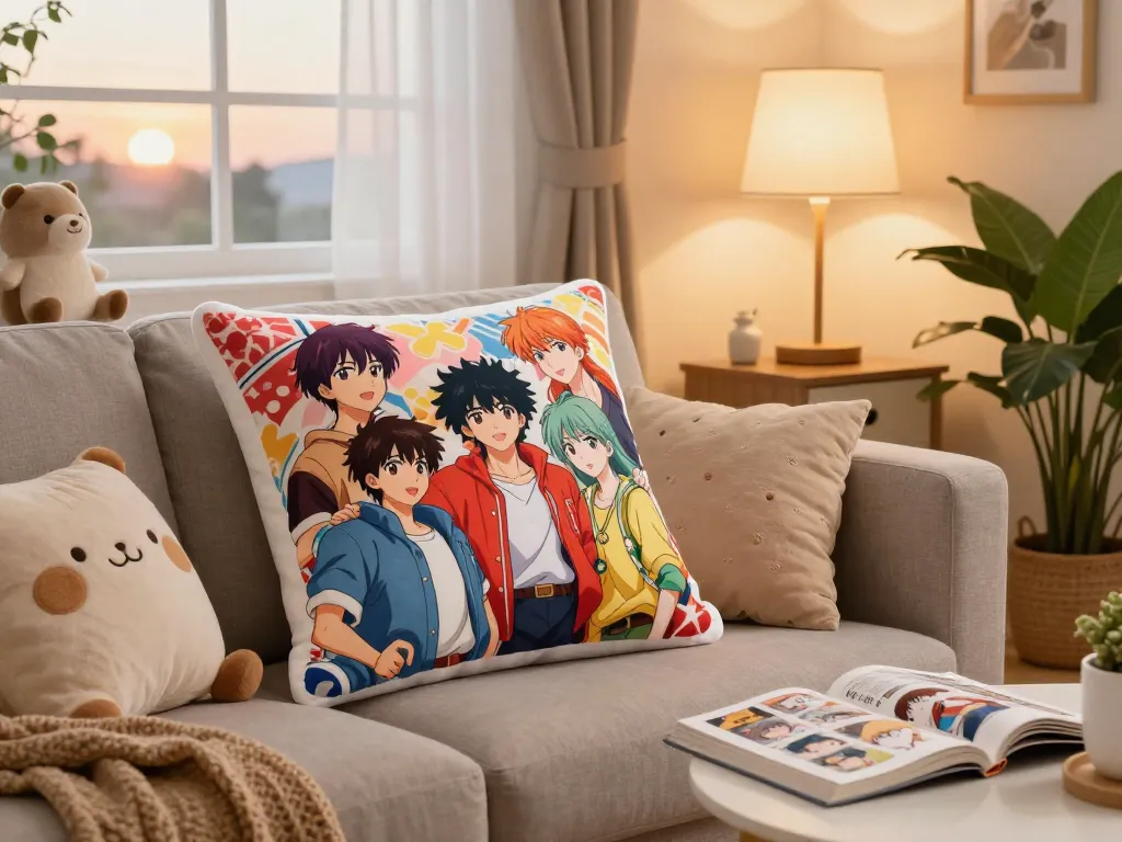 Vibrant dakimakura pillow on a cozy sofa with anime characters, soft lighting.