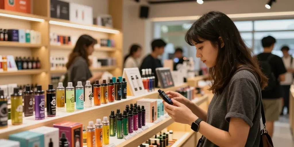 Erlebe den originalen Al Fakher Doppelapfel Vape 8000 in einem modernen Vape-Shop mit bunten Aromen und einladender Atmosphäre.