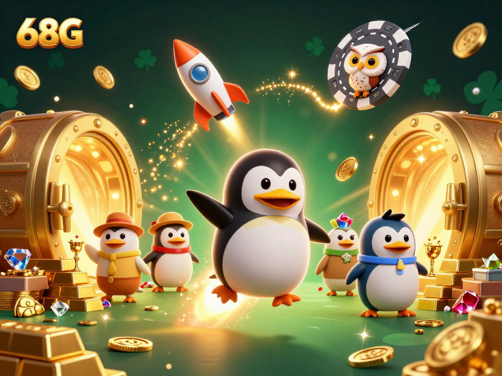 O 68G oferece uma experiência divertida com um pinguim de filme 3D acompanhado de tesouros e luzes brilhantes.