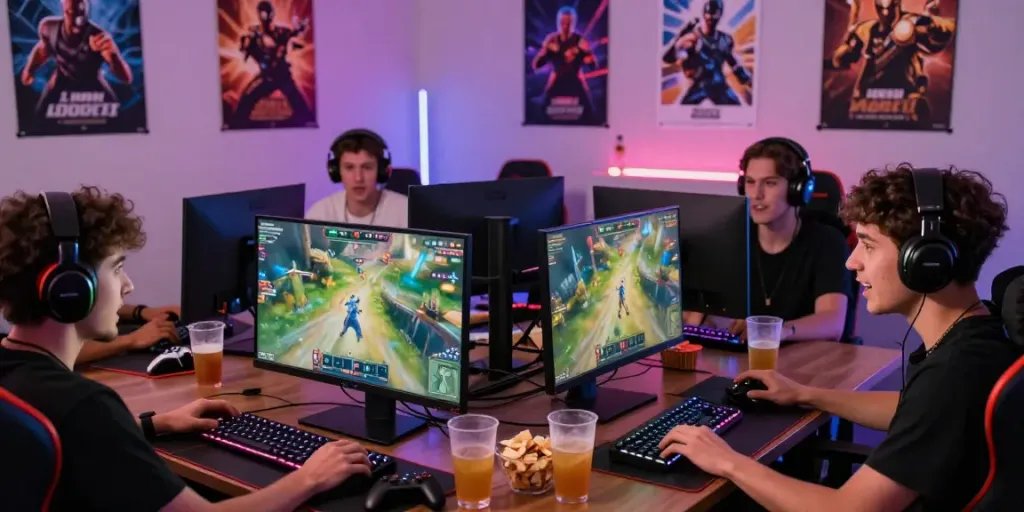 Para pemain jptoto situs bersemangat dalam permainan multiplayer online dengan perangkat gaming canggih.