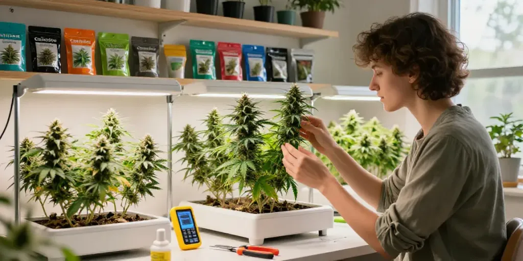 Luxurious indoor cannabis grow room showcasing feminsierte Cannabissamen kaufen with vibrant plants and gardening tools.