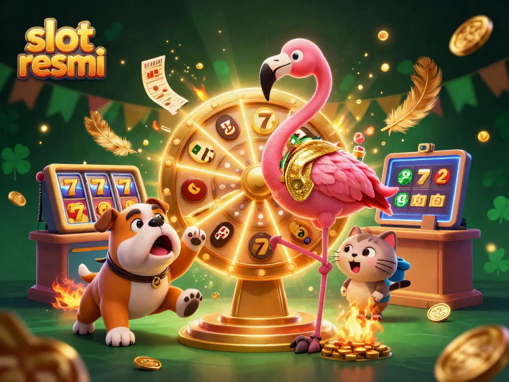 Excited contestant celebrates big wins at slot resmi games with vibrant casino elements and golden decorations.