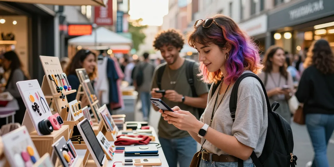 Vibrant urban shopping scene featuring a young woman engaging with products at https://forumup.org/shop/search.php?ca_id=&addr1=&addr2=&addr3=&schKeyword= surrounded by colorful lifestyle items.