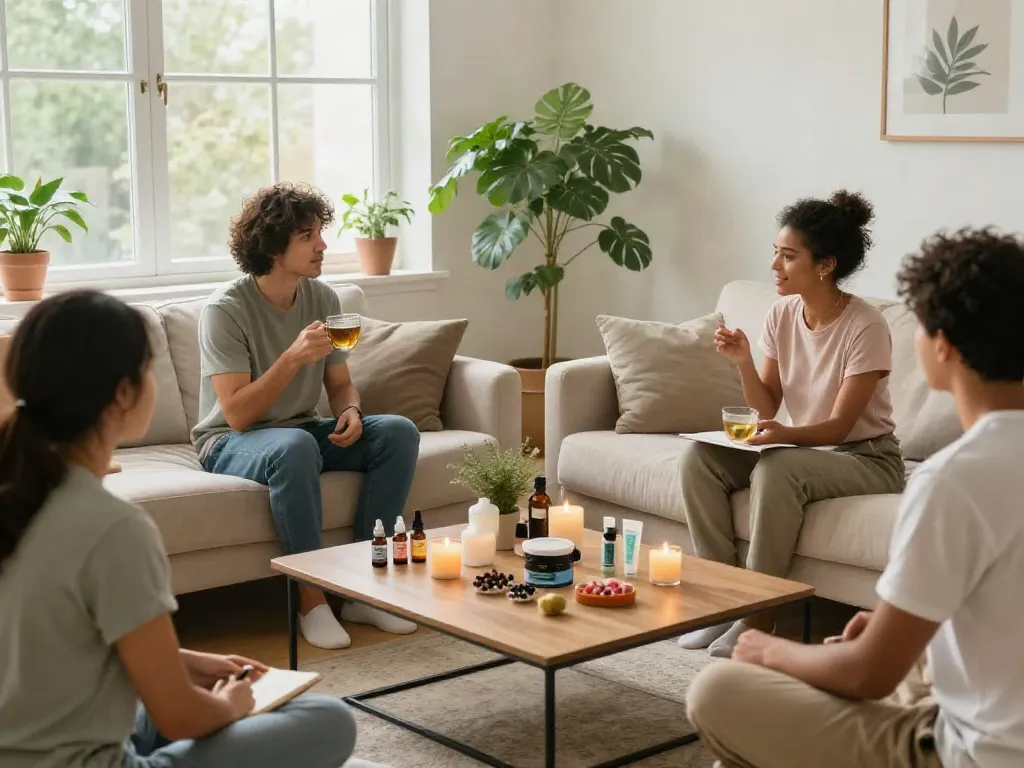 Most trusted online dispensary shipping worldwide featured in cozy living room wellness gathering with CBD products and natural light.