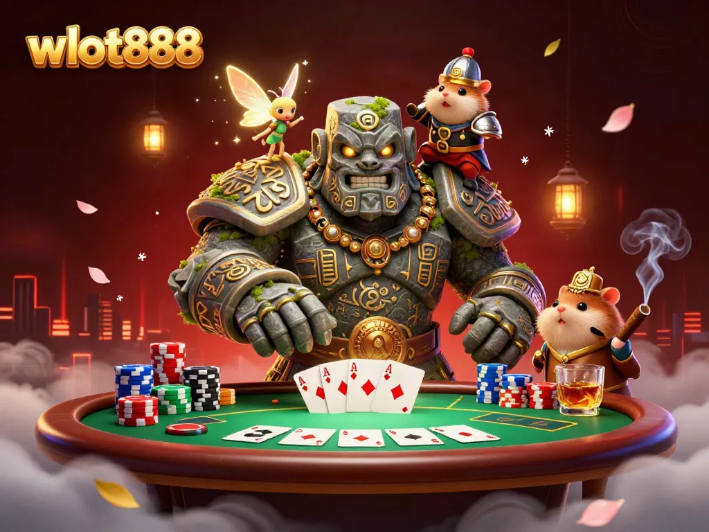 Ilustrasi 3D menampilkan golem berbatu dan hamster kesatria, sesuai tema wslot888.