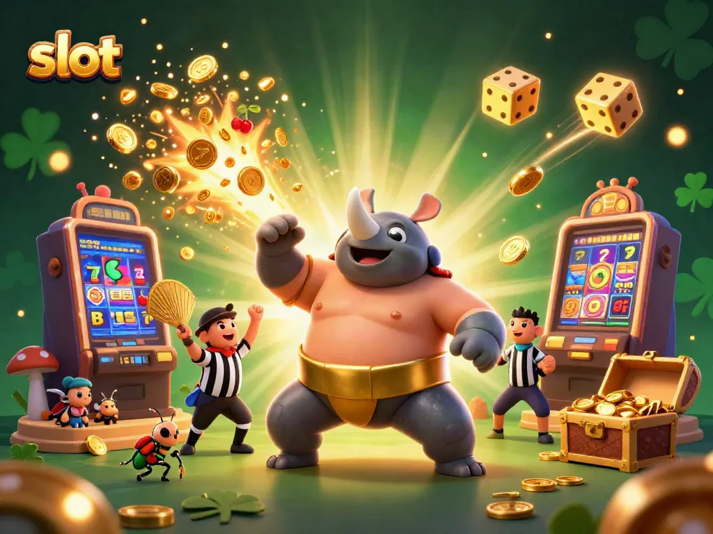 Slot yang menarik menampilkan juara sumo kalajengking rhinoceros berdampak dengan koin emas terbang.