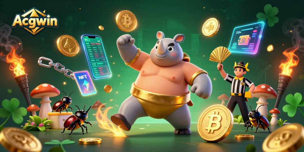 Acgwin's dynamic casino scene showcases a beetle sumo champion amidst flying crypto coins.