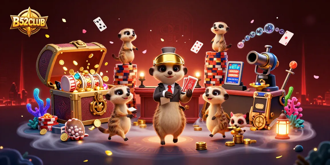 B52CLUB presents meerkats managing a vivid casino scene filled with gold and dynamic gaming elements.