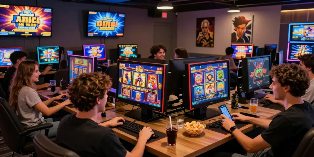 Friends enjoying a slot gaming session with vibrant graphics and modern lounge decor.