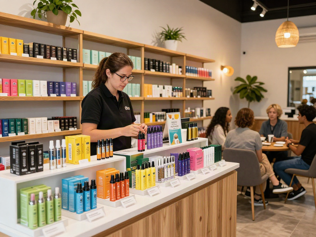 Experience Muha Meds in a vibrant cannabis retail setting with diverse customers and premium vape products.