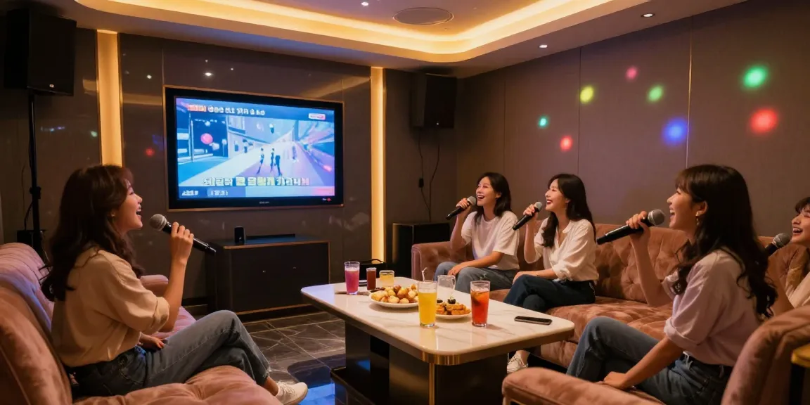 Friends enjoying a lively karaoke night at 강남 엘리트 가라오케 in a stylish private room.