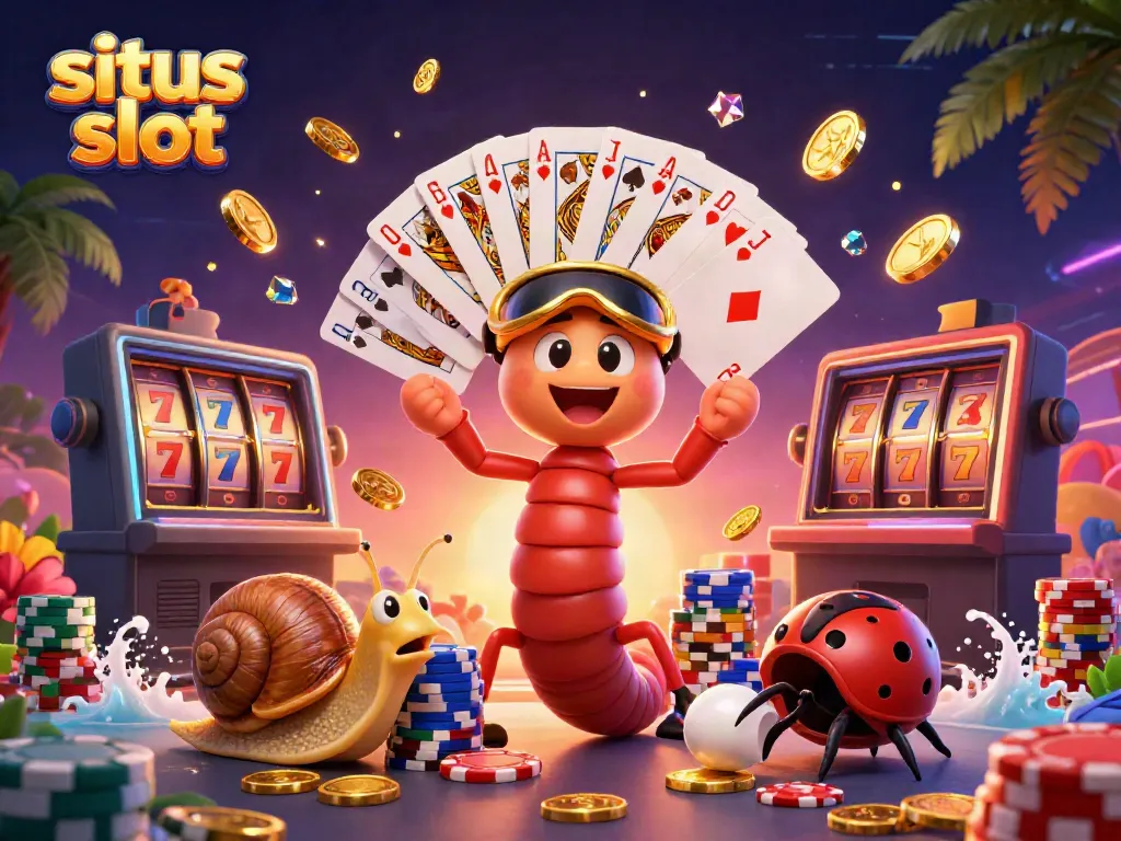Ilustrasi permainan situs slot dengan dealer kartun dan elemen kasino yang menarik.