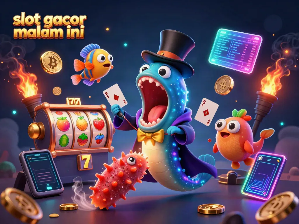Gambarkan slot gacor malam ini dengan hiu angler dan belut memikat kartu, menciptakan suasana kasino yang meriah.