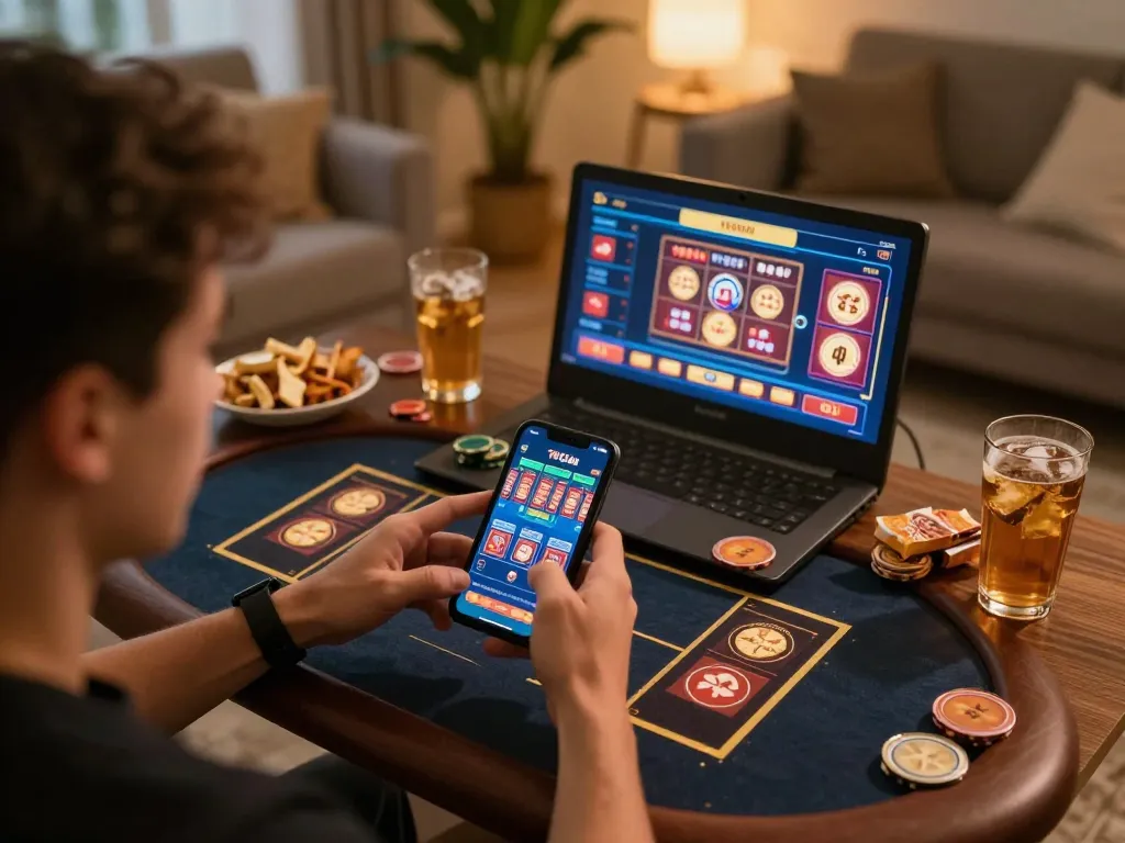 Player enjoying the 789 club app on mobile, focused on casino gaming at home.