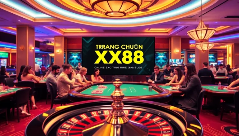 Engage with Trang Chủ XX88 in an exciting casino scene featuring poker tables and vibrant roulette wheels.