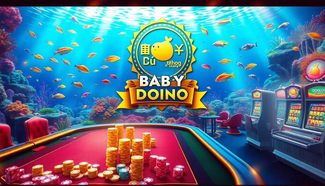 Bắn cá đổi thưởng Baby Dodoo highlights thrilling underwater casino gaming, featuring vibrant fish and colorful betting scenes.